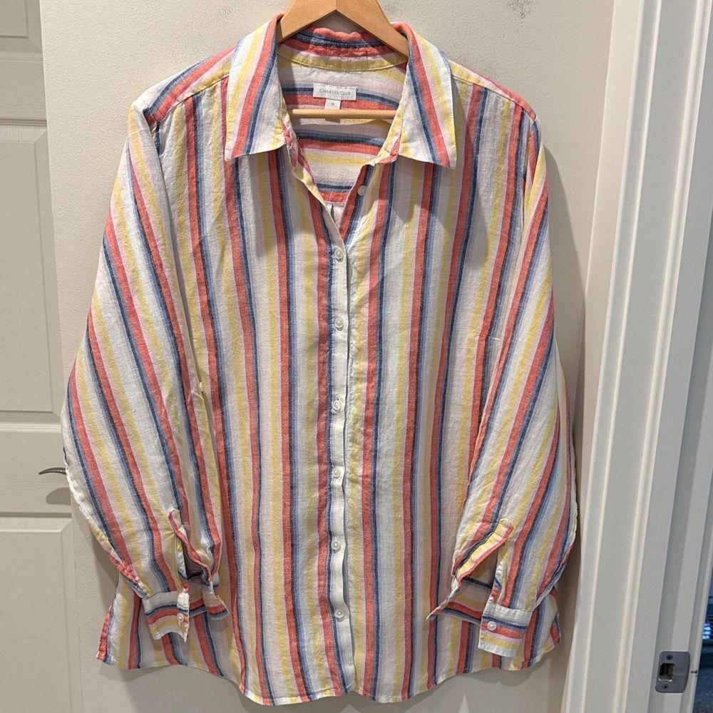 Charter Club Multicolor Striped Women’s Linen button down Shirt size 2X